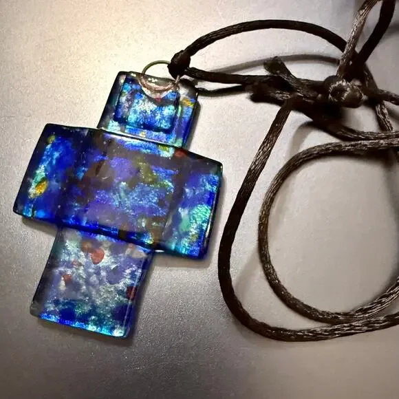 Handcrafted Colorful Speckled Blue Art Glass Cross Pendant - Picture 3 of 7